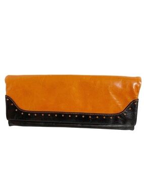 Vintage Unbranded Leather Clutch Wallet Circle Cutouts Contrasting Stitching